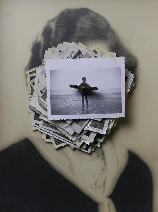 a man with a surfboard in his hand is surrounded by many photos and papers