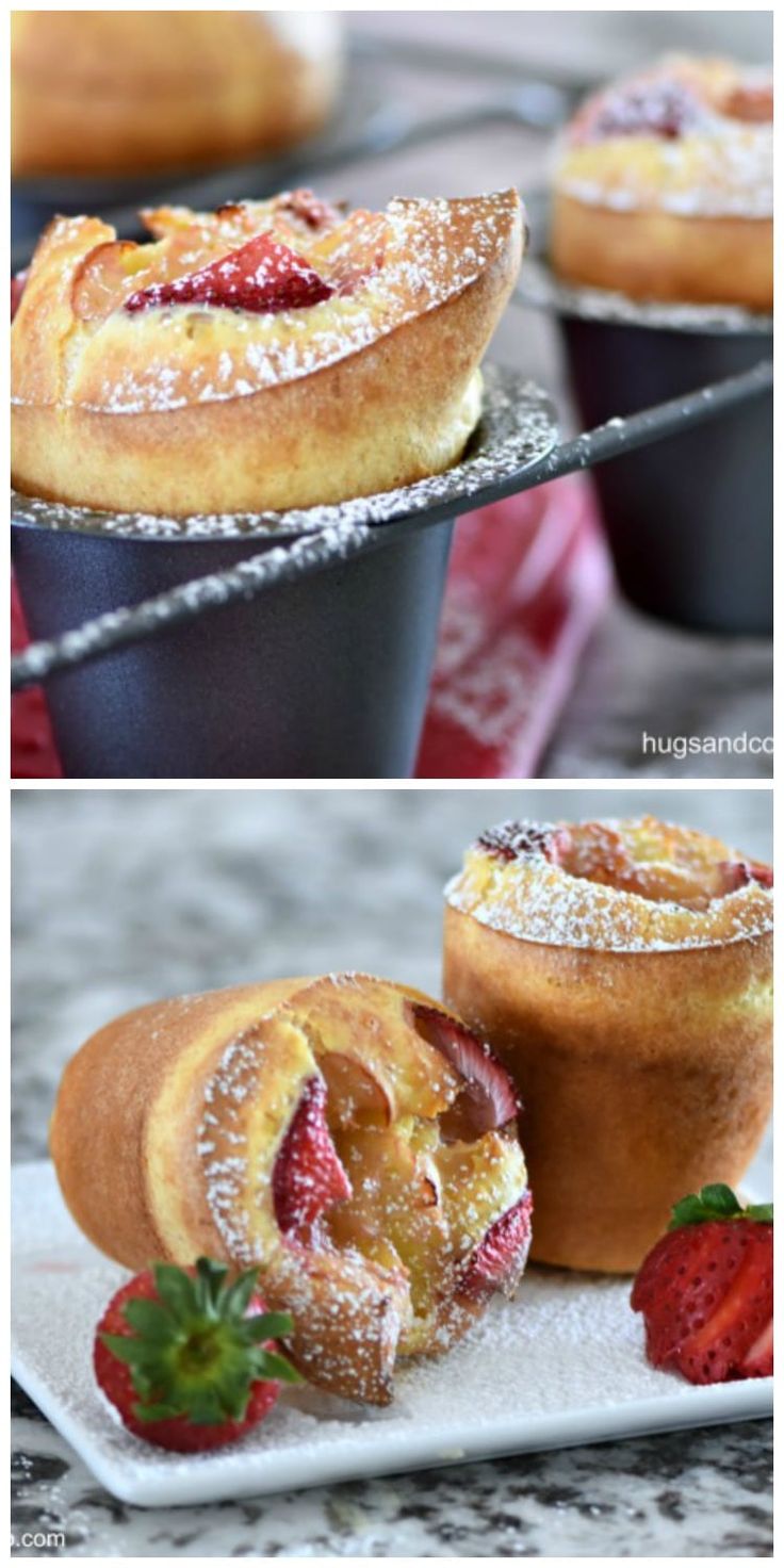 two pictures of pastries on a plate with strawberries