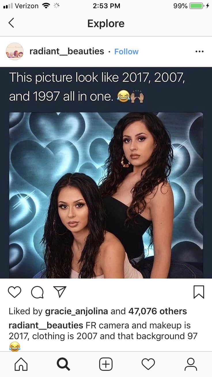 two beautiful young women posing for the camera with caption that reads, this picture looks like 2011, 2007 and 1971 all in one