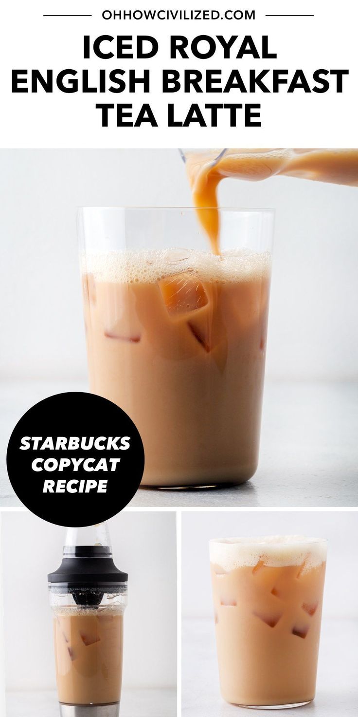 iced royal english breakfast tea latte in a glass with caramel syrup being poured into it