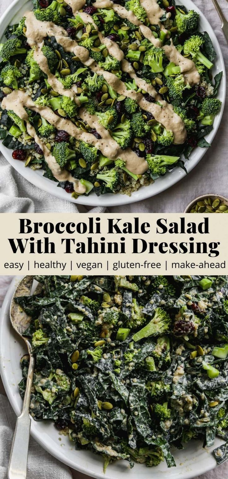 broccoli kale salad with raisin dressing in a white bowl on a table