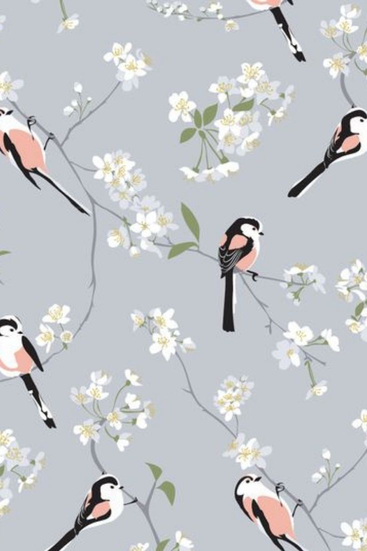 birds are sitting on branches with white flowers