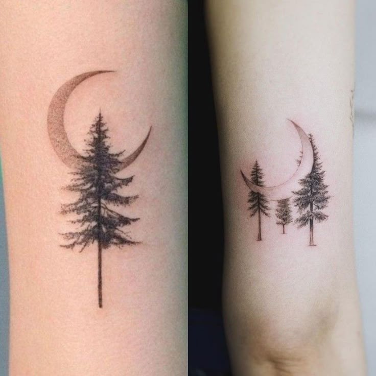 two tattoos on the arms of people with pine trees and moon tattoo designs on them