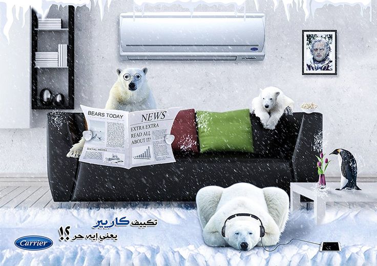 two polar bears are sitting on a couch in the snow while reading a newspaper with an air conditioner behind them