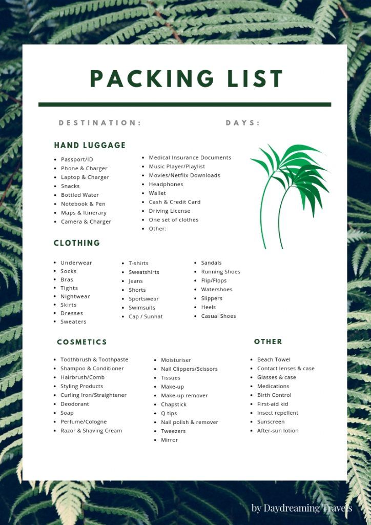 the packing list is surrounded by green plants and leaves on a white background with text that reads packing list