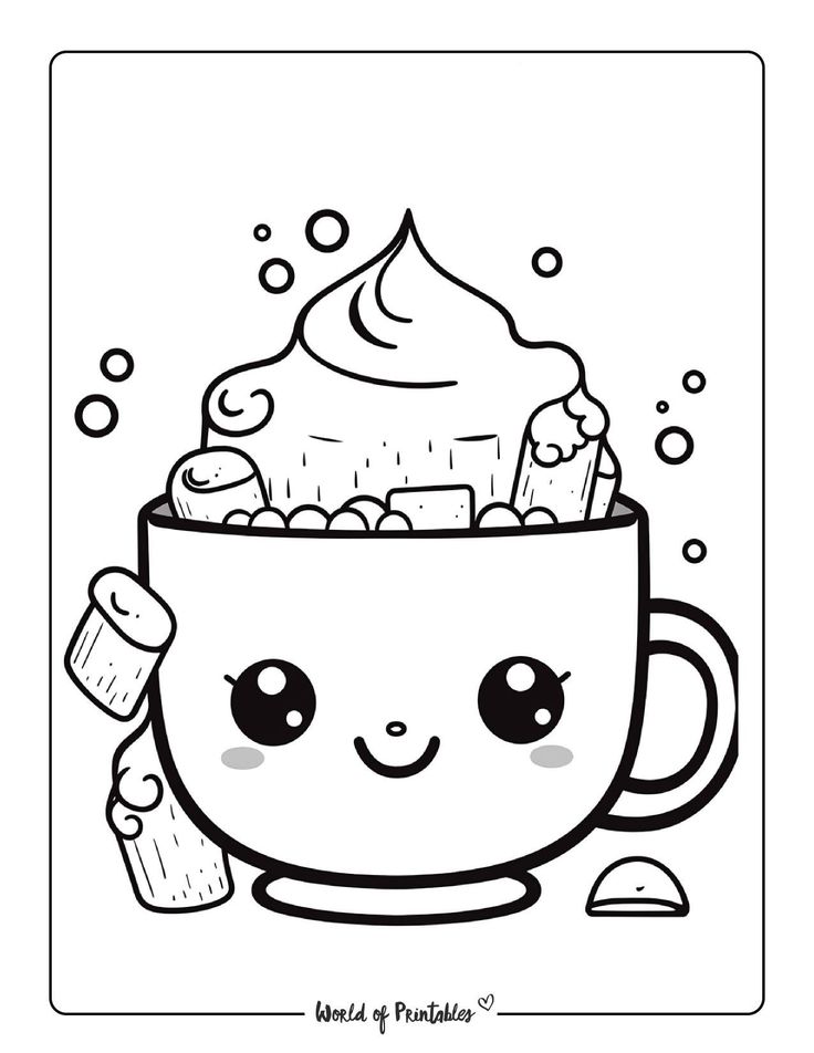 a coffee cup with whipped cream on top and a pencil in the other hand coloring page