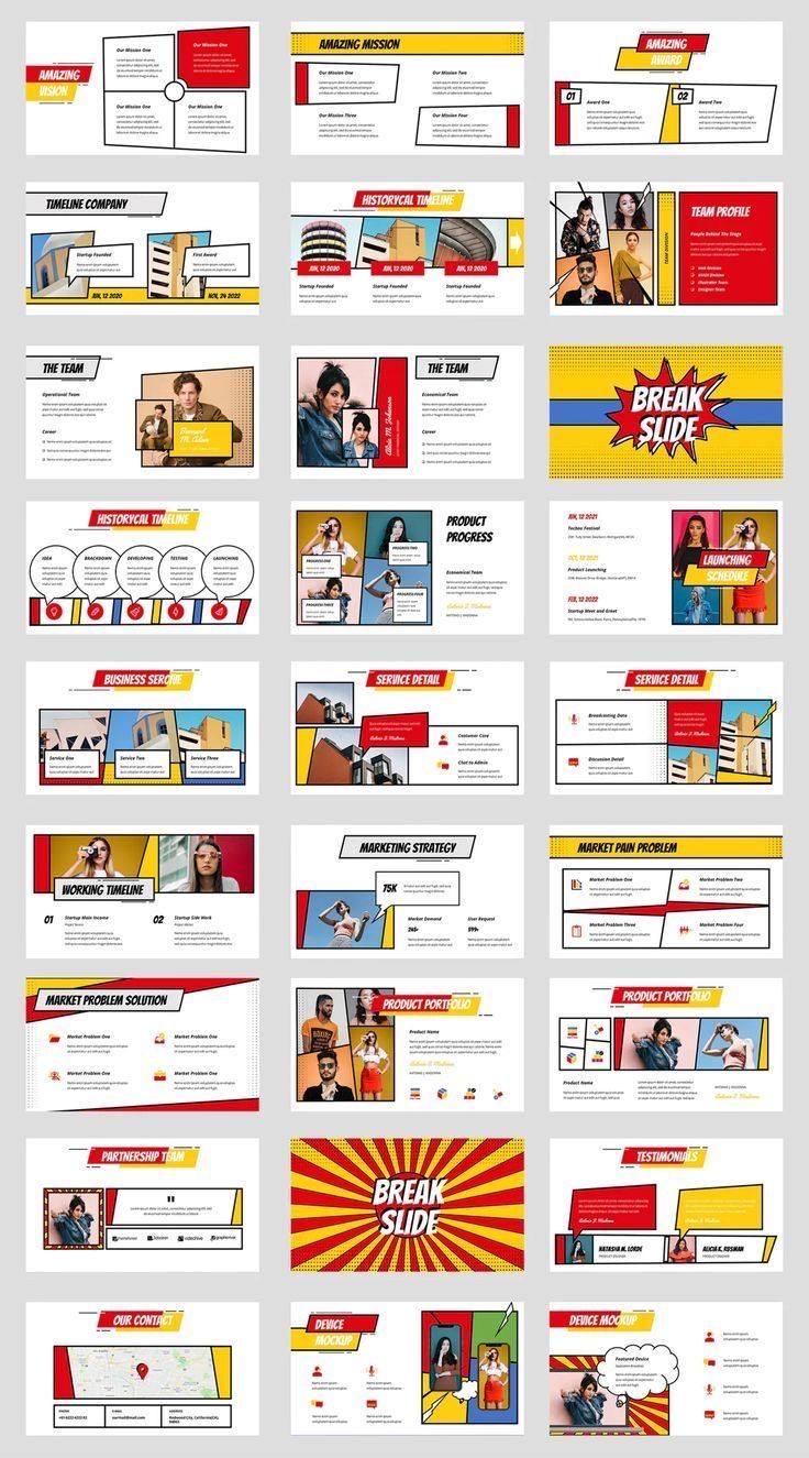 a bunch of different types of webpages on a white and yellow background with red accents