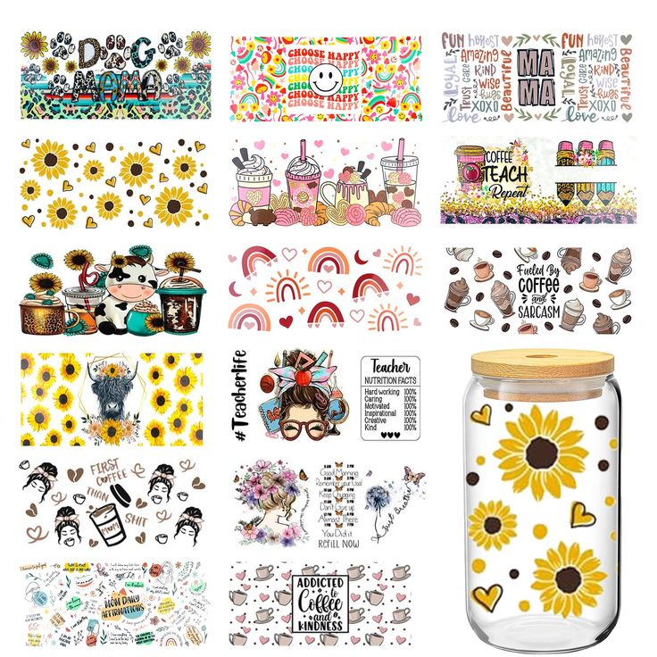 various stickers and decals are displayed on a white background with sunflowers