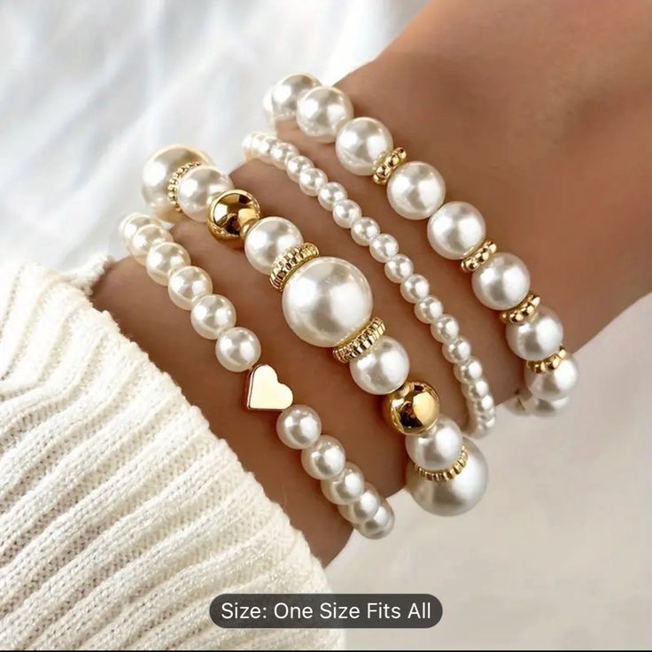 4pcs White Faux Pearls Beads Beaded Bracelet Set Elegant Handmade Hand String Jewelry Accessory Bride Bracelet Stack, Trending Beaded Bracelets, Beaded Bracelet Photography Ideas, Pearls Bracelet Ideas, Diy Bead Bracelets Ideas, Beaded Bracelet With Charm, Diy Pearl Bracelet Ideas, Bead Bracelets Designs, How To Stack Bracelets