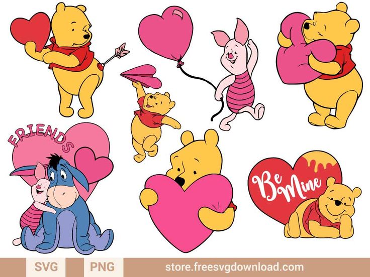 winnie the pooh and friends valentine cliparts with heart shaped balloons, hearts