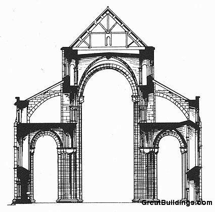 an architectural drawing of the front and side of a building with arched doorways, arches and