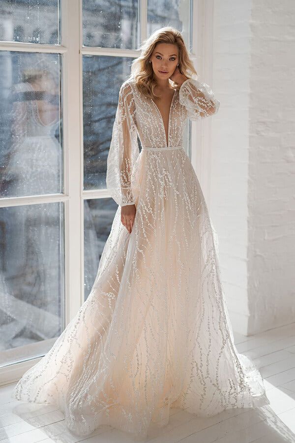 Long A-line V-neck Court Train Tulle Wedding Dress with Sleeves-BIZTUNNEL Long Sleeve Wedding Dress Simple, Wedding Dresses Australia, Beach Wedding Outfit, Boho Wedding Dresses, Long Sleeve Wedding Dress Lace, V Neck Wedding Dress, Long Sleeve Wedding, Long Wedding Dresses, Tulle Wedding