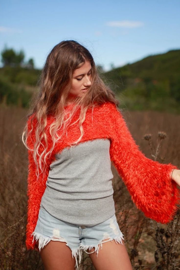 Burnt Orange Faux Fur Crop Sweater Shrug, Long Flare Sleeves, Vegan Friendly, Feather and Fur Alternative - Etsy Pull Orange, Sweater Shrug, Flare Sleeve Sweater, Burnt Orange Sweater, Crop Pullover, Faux Fur Sweater, Shrugs And Boleros, Knit Shrug, Fur Sweater