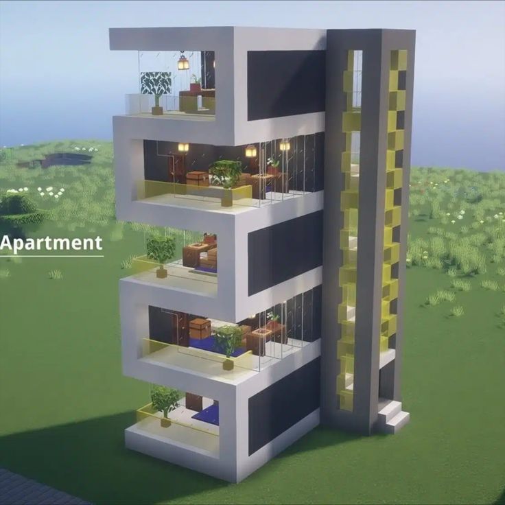 an apartment building with balconies and plants on the top floor is shown in minecraft