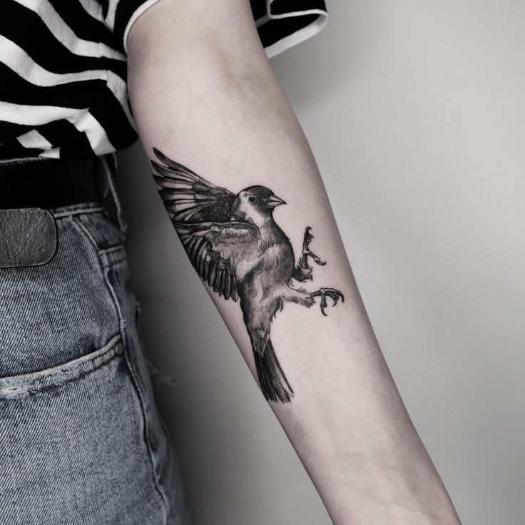 a person with a tattoo on their arm holding a bird in one hand and an arrow in the other