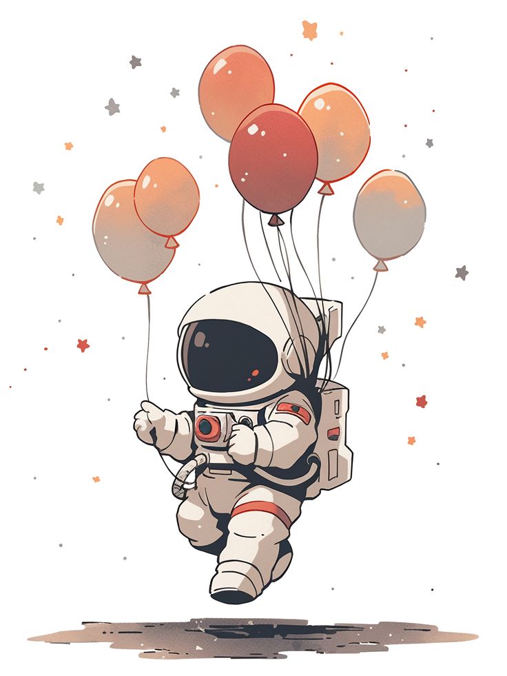 an astronaut floating in the air with balloons attached to his chest and holding on to it's legs