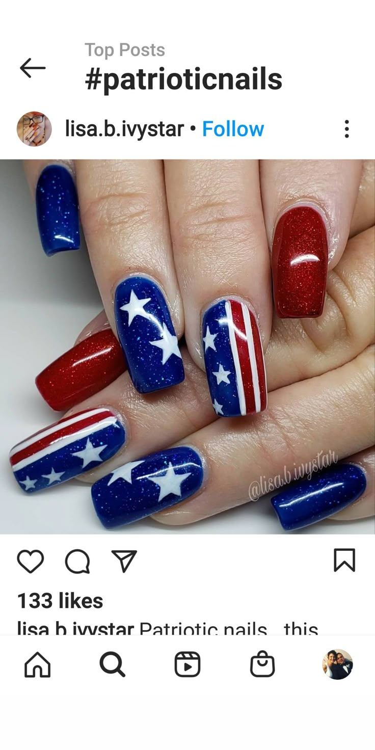 Glitter Fourth Of July Nails, 4th July Nails Design, July 4 Nail Design, Patriot Nails, Nail Designs 4th Of July, Fourth Of July Nails Designs, Saints Nails, Patriotic Nail Designs, Nails Patriotic