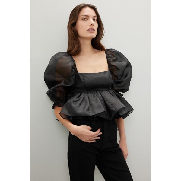 Black organza (100% Polyester Organza). Top. Short sleeves. Square neck. Back zipper closure.Imported. Sheer Organza Blouse For Evening, Chic Organza Tops For Evening, Fitted Organza Tops For Evening, Long Sleeve Organza Tops For Evening, Evening Long Sleeve Organza Top, Black Sheer Blouse With Puff Sleeves, Chic Party Blouse In Organza, Long Sleeve Organza Tops For Party, Chic Organza Blouse For Parties