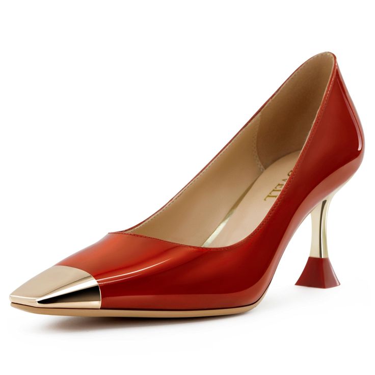 a red and gold high heeled shoe with an open toe on the bottom,