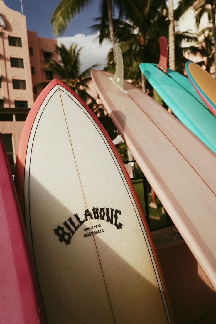 several surfboards are lined up in front of a building and palm trees on the beach