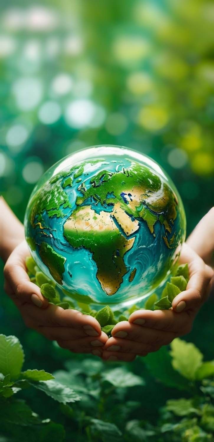 two hands holding a small glass globe in the palm of their outstretched arms, with green leaves surrounding it