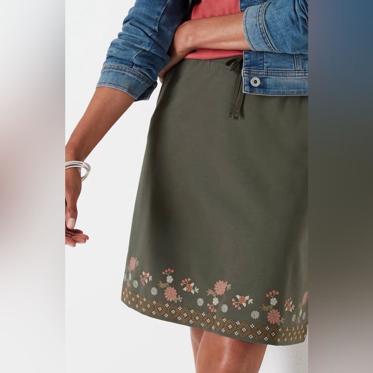 Our A-Line Knit Pull-On Skirt Has A Border Of Embroidered Flowers To Add A Lighthearted Touch To Your Casual Days. Made Of Cotton French Terry With Extra Stretch, It Has An Elasticized Drawstring Waist For All-Day Comfort. Angled Pockets Are Perfect For Holding Small Essentials. 95% Cotton And 5% Spandex Knit, Exclusive Of Decoration Machine Wash Cold With Like Colors, Gentle Cycle, Only Nonchlorine Bleach If Needed, Tumble Dry Low, Warm Iron If Needed R Medium 20" Center Back, R 2x 22" Center B Casual Embroidered Relaxed Skirt, Casual Embroidered Relaxed Fit Skirt, Casual Relaxed Embroidered Skirt, Casual Embroidered Fitted Skirt, Casual Fitted Embroidered Skirt, Casual Cotton Skirt With Embroidered Hem, Casual Mini Skirt With Embroidered Hem, Casual Embroidered Denim Skirt, Casual Skirt With Embroidered Hem