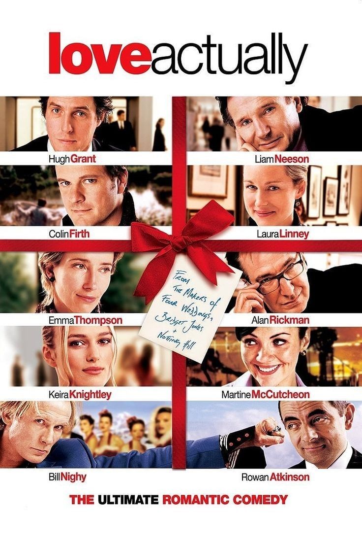 the movie poster for love actually has many different characters on it, including one with a red bow