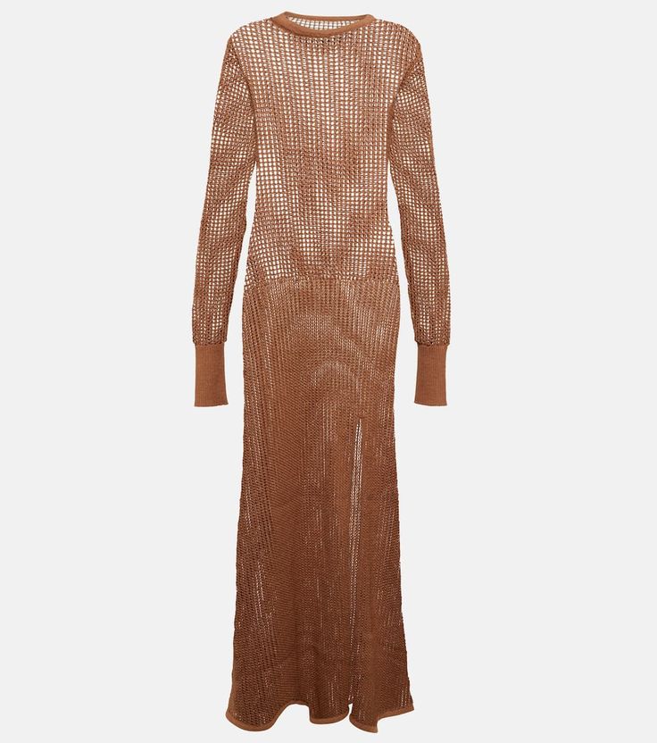 Dulcie Cotton Blend Maxi Dress in Brown - SIR | Mytheresa Long Sleeve Dresses With Side Slits For Daywear, Chic Long Sleeve Crochet Dress For Beach, Chic Spring Open Knit Maxi Dress, Fitted Open Knit Maxi Dress, Chic Open Knit Maxi Dress For Spring, Chic Open Knit Maxi Dress, Spring Open Knit Maxi Dress, Chic Long Sleeve Maxi Dress For Beach Cover-up, Long Sleeve Maxi Dress With Side Slits For Daywear