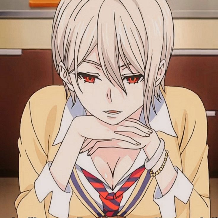 an anime character with red eyes and blonde hair, wearing a yellow shirt and tie