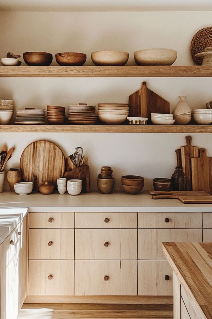 the shelves in this kitchen are filled with wooden bowls and other items, including cutting boards