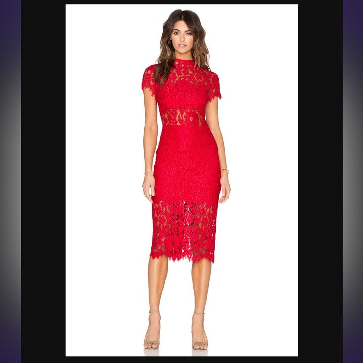 Euc Stunning, Red Alexis Leona Lace Sheath Dress Size Xs Short Sleeve With Mock Neck With Concealed Zip Closure At Back. No Stains Or Rips. Runs Small. Check Reviews Online And Measurements Provided. Fits Like An Xxs. Hip: 25.75" Length: 44.75" Waist: 23.25" Bust: 26" Fabric: 47% Nylon, 24% Rayon, 16% Modal, 13% Cotton; Lining 96% Polyester, 4% Spandex White Mannequin Pics Are Pics Of Real Dress When Purchased From Trr. I Never Wore It Because I Am Too Petite For This Dress (Only 5’1”). The Midi Length Was Too Long For Me :( Red Short Sleeve Midi Dress For Cocktail, Red Fitted Midi Dress For Red Carpet, Red Short Sleeve Midi Dress For Evening, Red Short Sleeve Midi Dress For Party, Red Sheath Dress For Night Out, Red Short Sleeve Dress For Night Out, Red Sleeveless Fitted Lace Dress, Red Fitted Sleeveless Lace Dress, Red Fitted Lace Dress Sleeveless