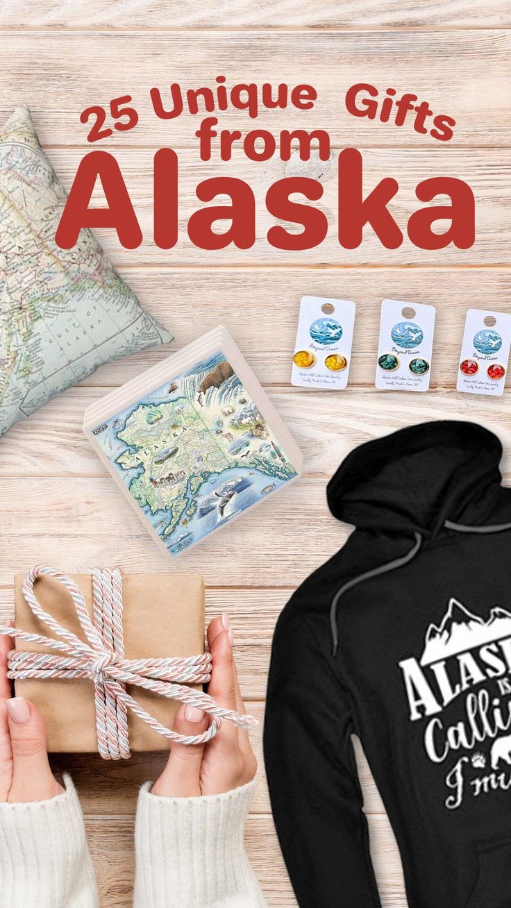 the cover of 25 unique gifts from alaska, with an image of a person holding a wrapped present