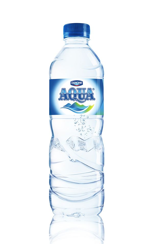 a bottle of aqua water with ice cubes on the bottom and blue cap is shown against a white background