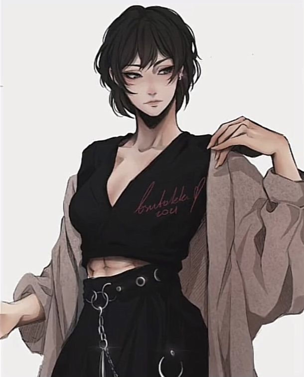 an anime character with black hair and piercings on her chest, wearing a cropped top