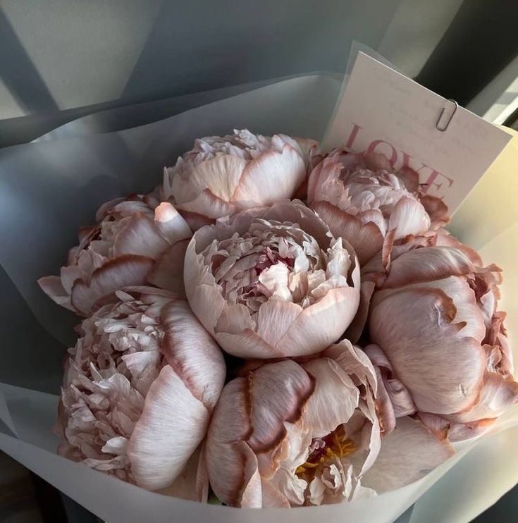 a bunch of pink flowers sitting in a white paper bag on top of a table