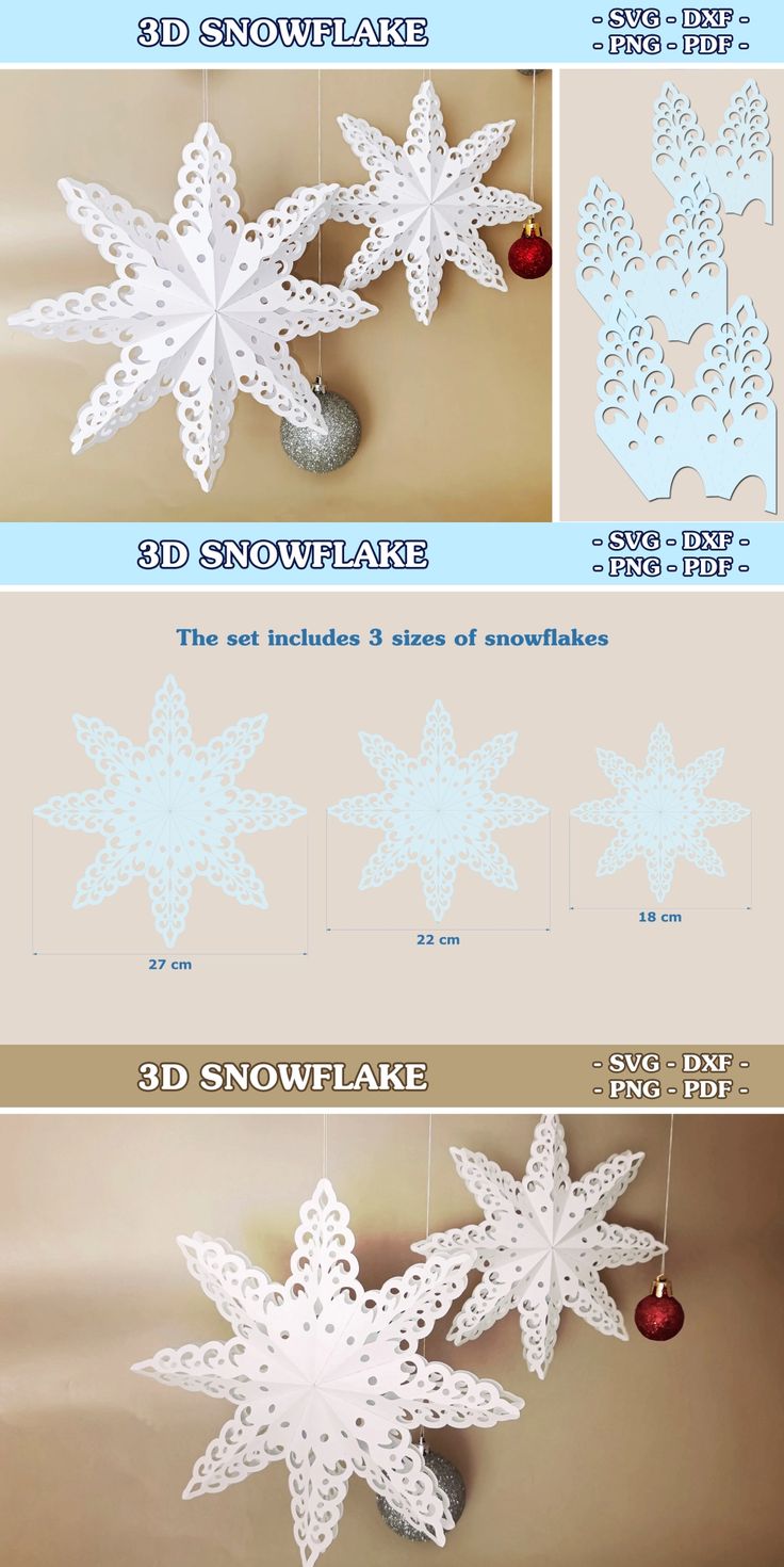 snowflakes are hanging from the ceiling in different styles and sizes, with instructions to make them look like they have been cut out of paper