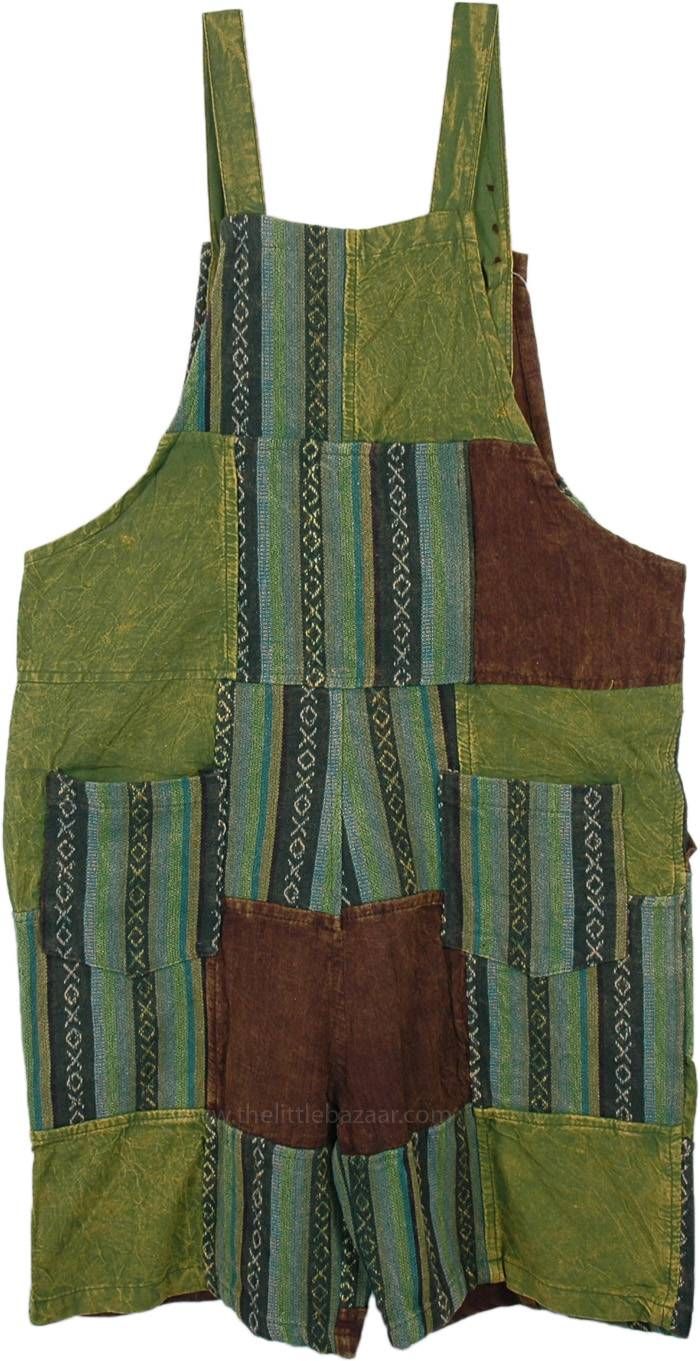 Hippie Voyage Patchwork Cotton Romper with Pockets | Dresses | Green | Sleeveless, Patchwork, Junior-Petite, Pocket, Vacation, Bohemian Cotton Overalls With Patch Pockets And Bib Front, Brown Cotton Overalls With Pockets, Brown Cotton Overalls, Casual Sleeveless Patchwork Overalls, Summer Cotton Overalls With Patchwork, Summer Cotton Patchwork Overalls, Cotton Overalls With Side Pockets, Casual Cotton Patchwork Overalls, Cotton Shortalls With Side Pockets