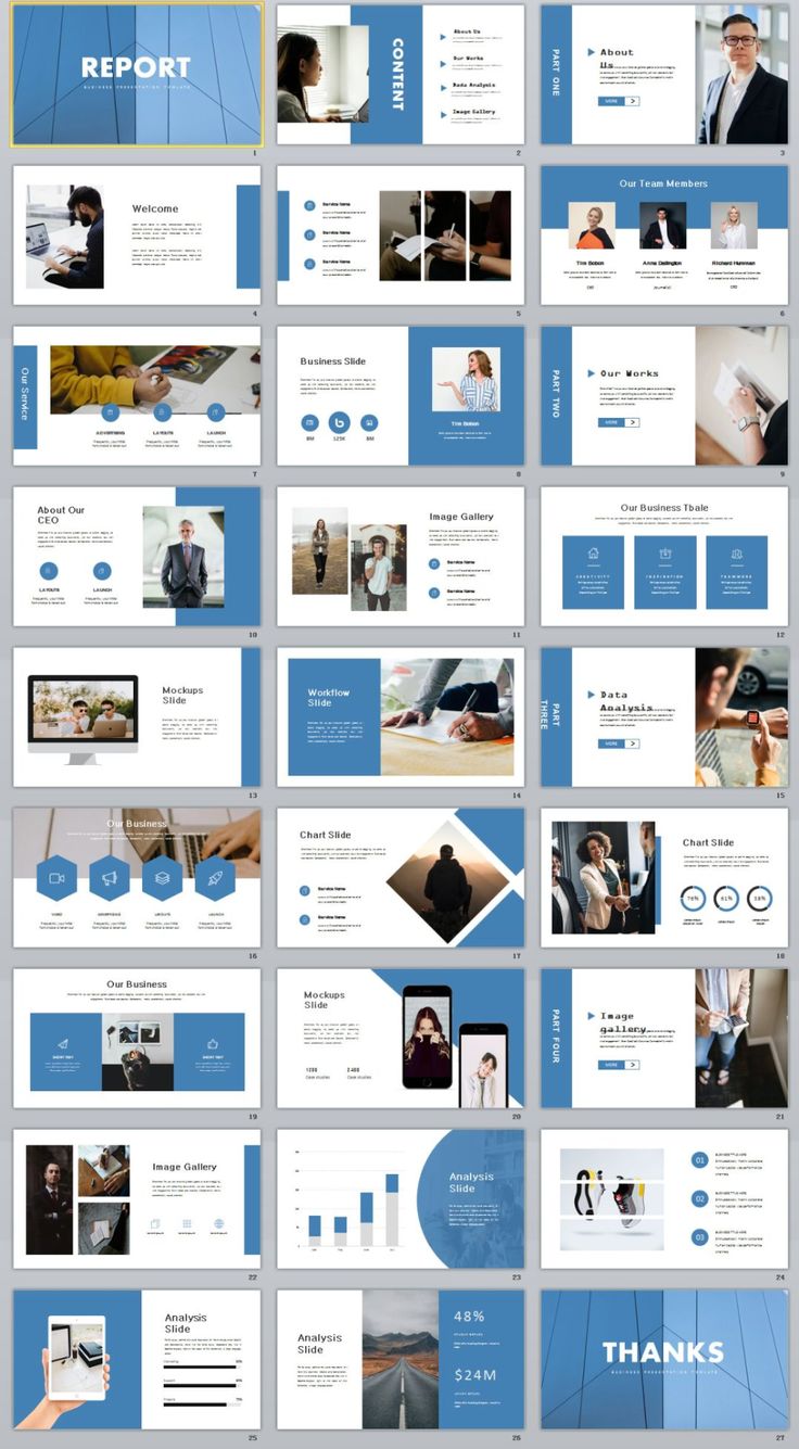 a bunch of blue and white powerpoint slideshows with different images on them