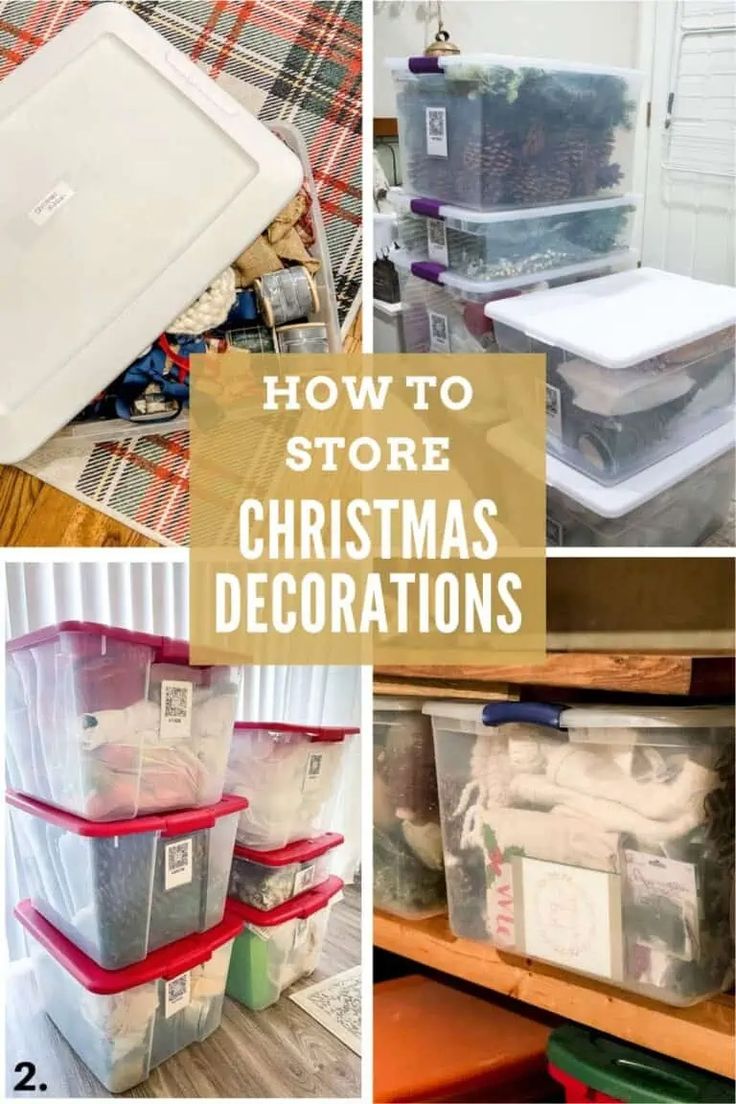 christmas decorations and storage containers in the closet with text overlay that says how to store christmas