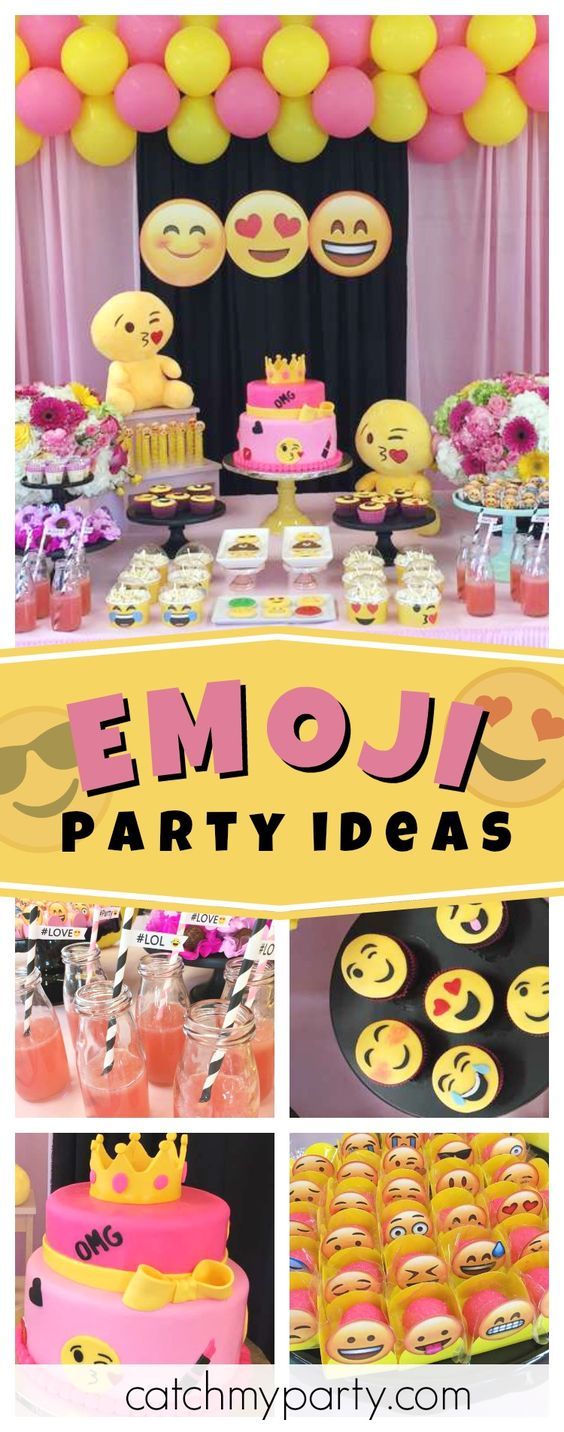 an emoj party with pink and yellow decorations