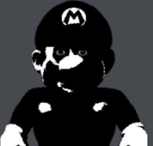 a black and white photo of a person in a mario costume