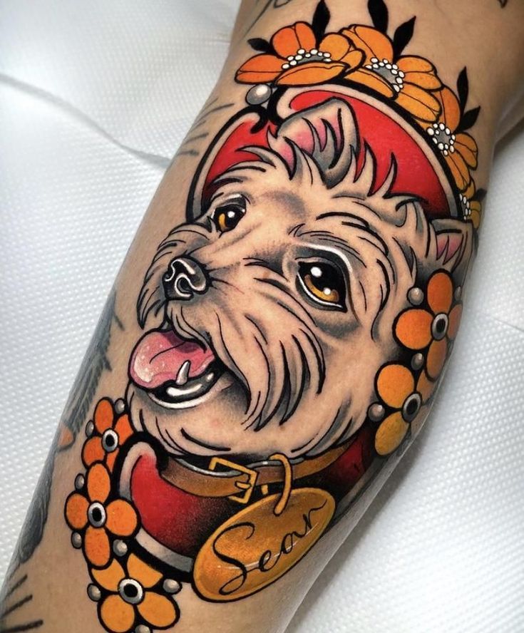 a dog with a crown on it's head is shown in this tattoo design