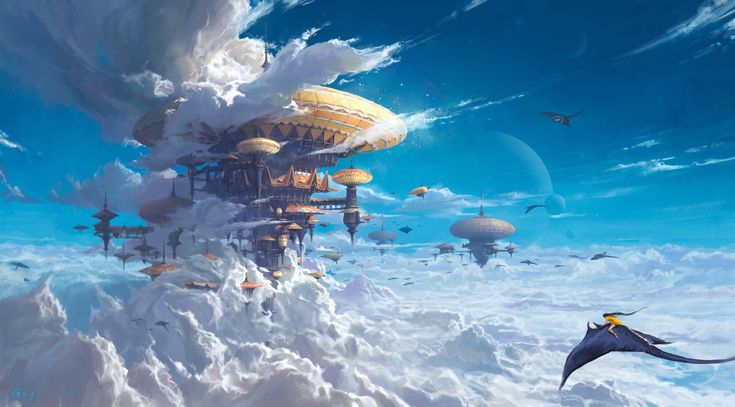 an artist's rendering of a futuristic city surrounded by clouds and other things in the sky