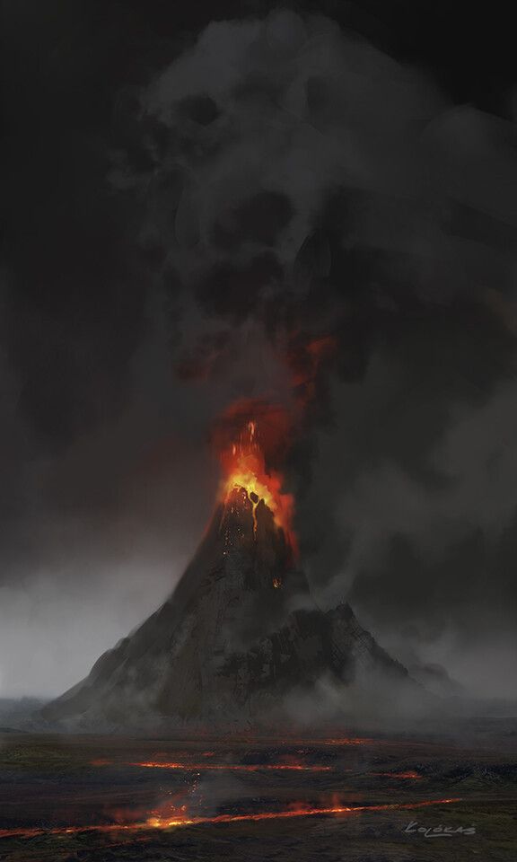 a volcano erupts lava as it burns in the distance with dark clouds overhead