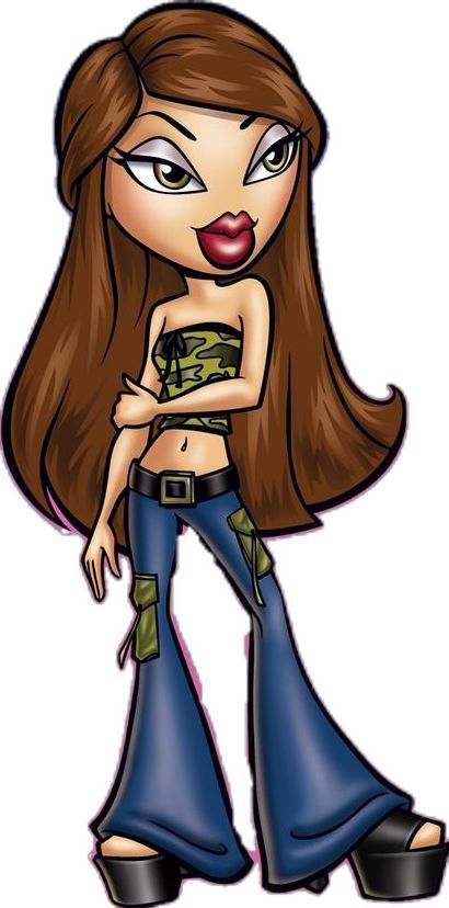 a cartoon girl with long brown hair and blue jeans