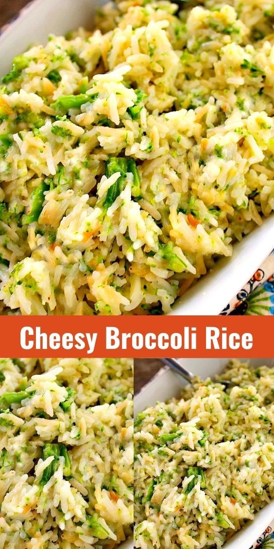 broccoli rice casserole in a white dish with the words cheesy broccoli rice on it