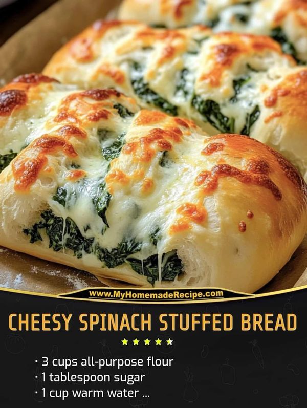 an advertisement for cheese spinach stuffed bread