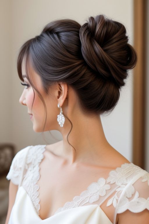 a woman in a white dress with her hair pinned into a low bun, looking off to the side