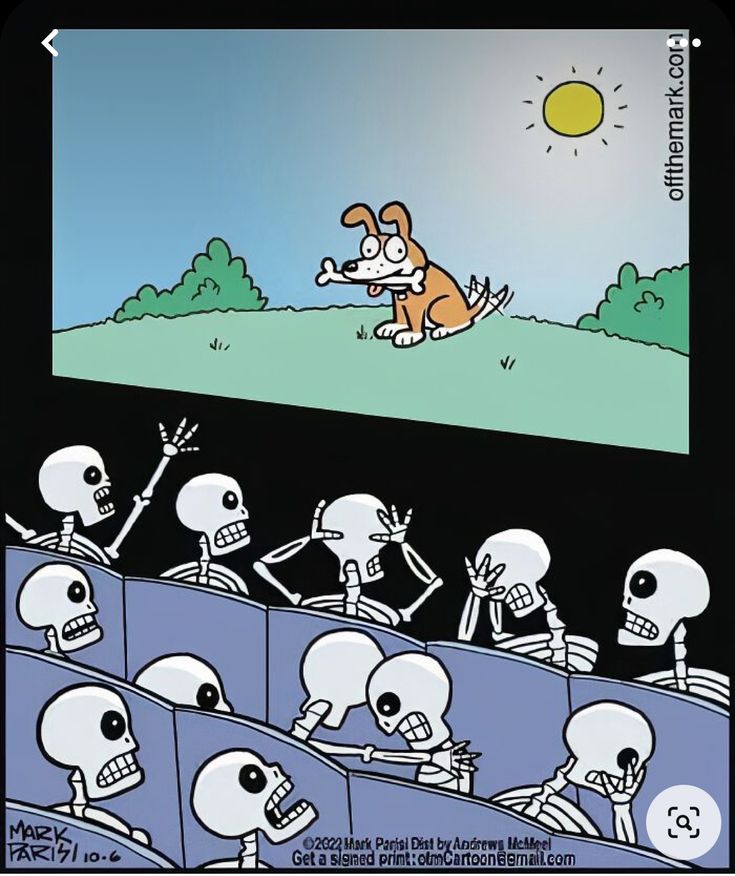 an image of a cartoon dog watching skeletons in a movie theater with the sun behind him