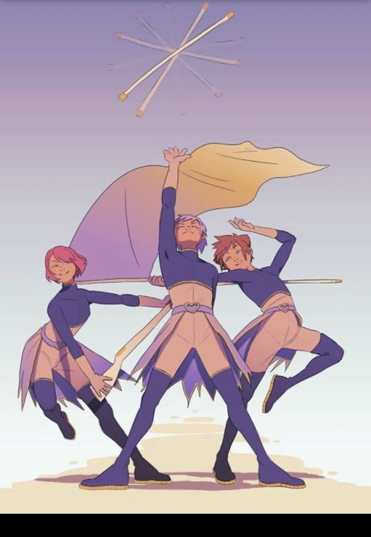 three people in costume are dancing with their arms around each other and holding an umbrella over their head